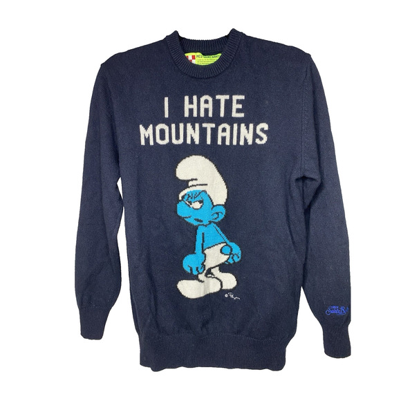 MC2 Saint Barth Man Blue Navy Sweater I Hate Mountains Smurf Print Men's Large - Picture 1 of 8